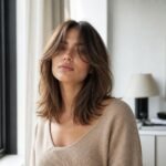 Soft curtain bangs styled with a center part and face-framing layers