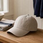 Clean neutral baseball cap resting on a wooden bench