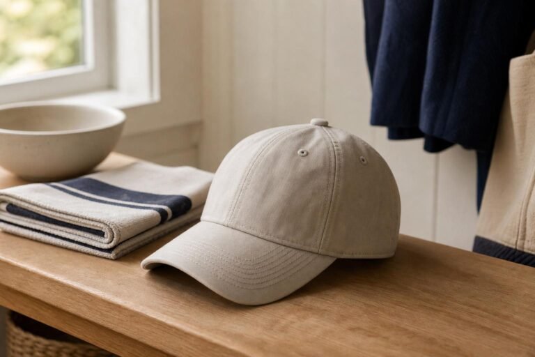 Clean neutral baseball cap resting on a wooden bench
