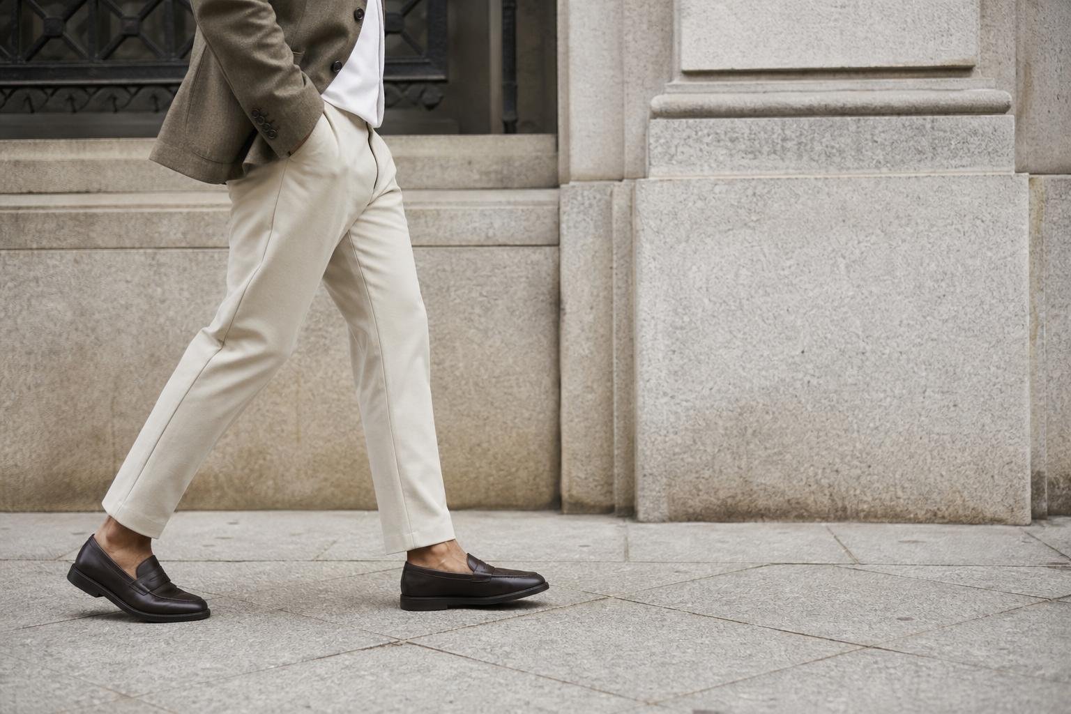 Adult wearing loafers with tailored trousers while walking outdoors