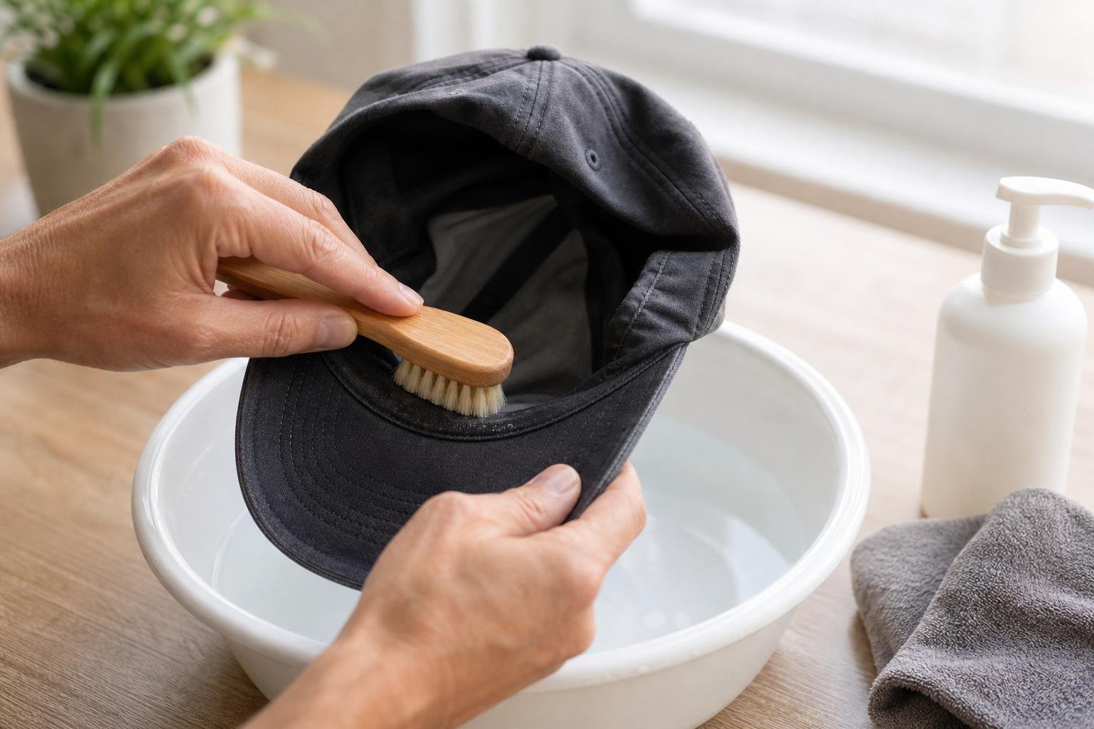 Cap being gently cleaned with a soft brush over a basin