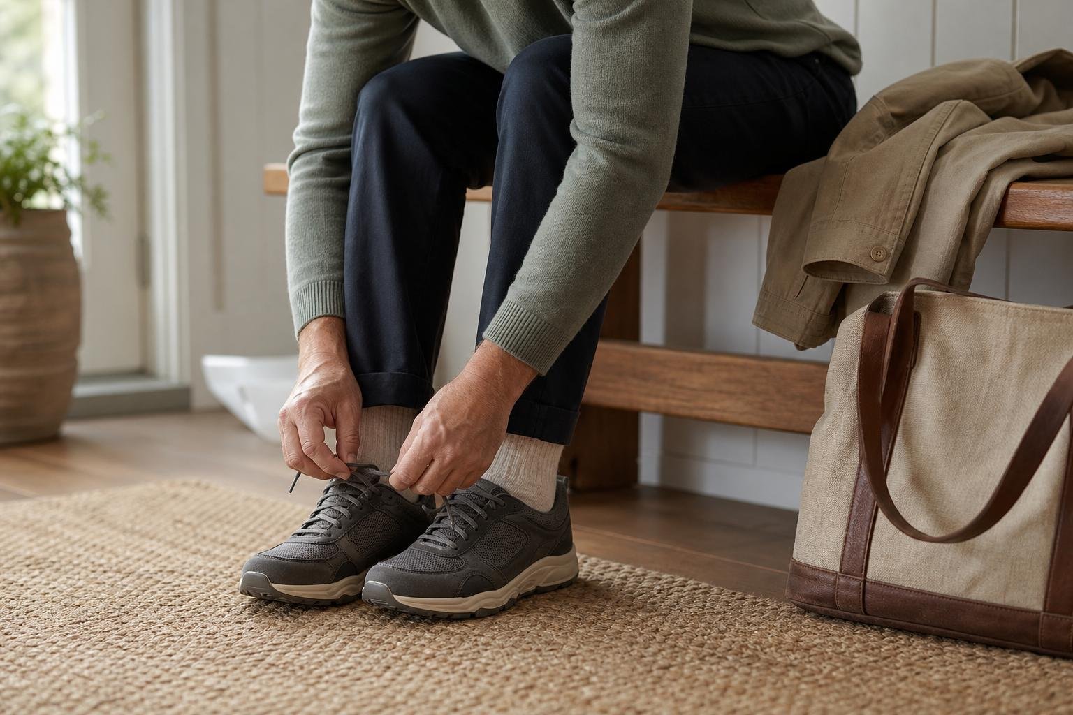 Adult tying supportive walking sneakers before a day out