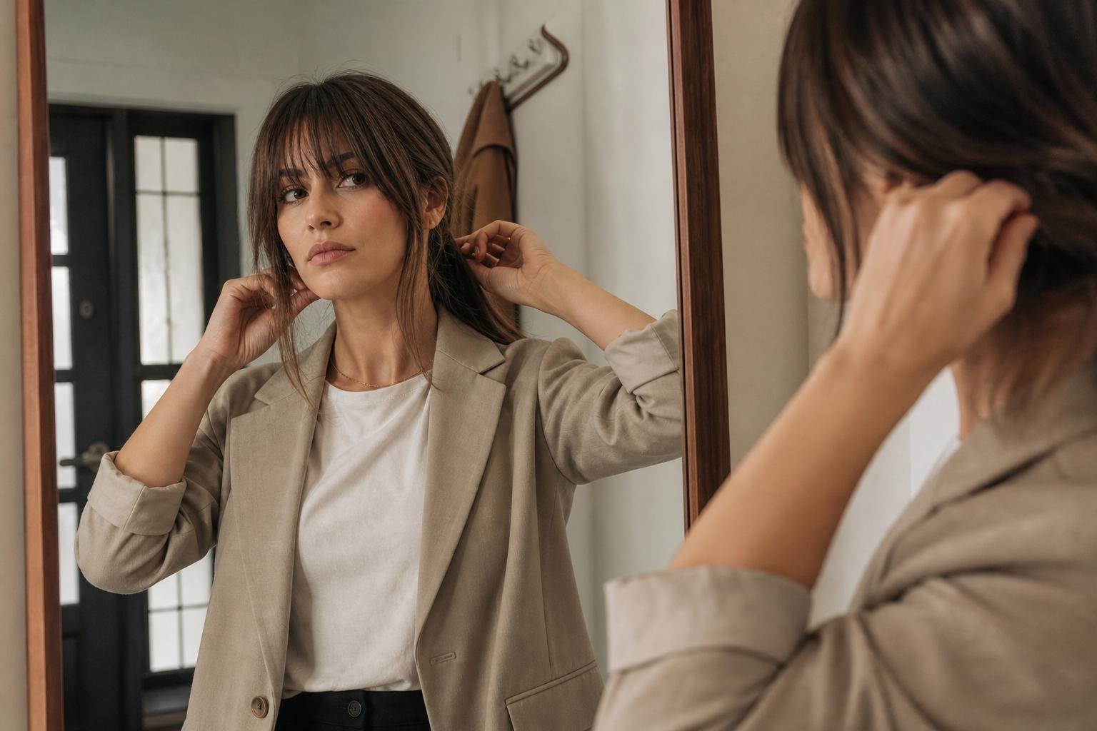 Curtain bangs paired with a low ponytail and face-framing pieces