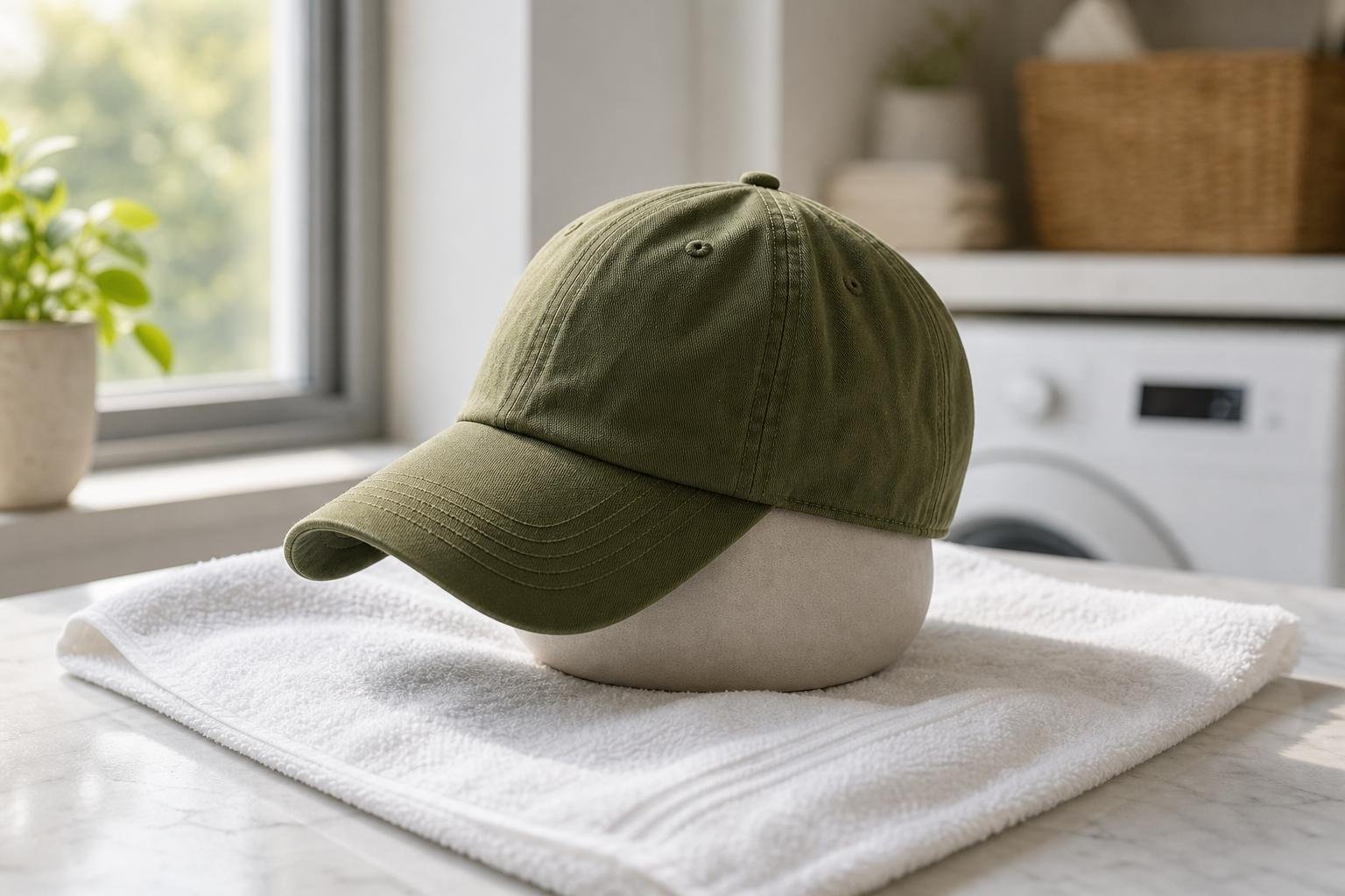 Freshly washed cap drying on an upside-down bowl