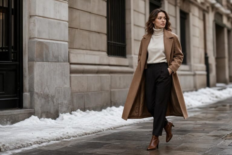 Woman in a camel wool coat, cream turtleneck, dark trousers, and leather ankle boots walking along a city street in winter