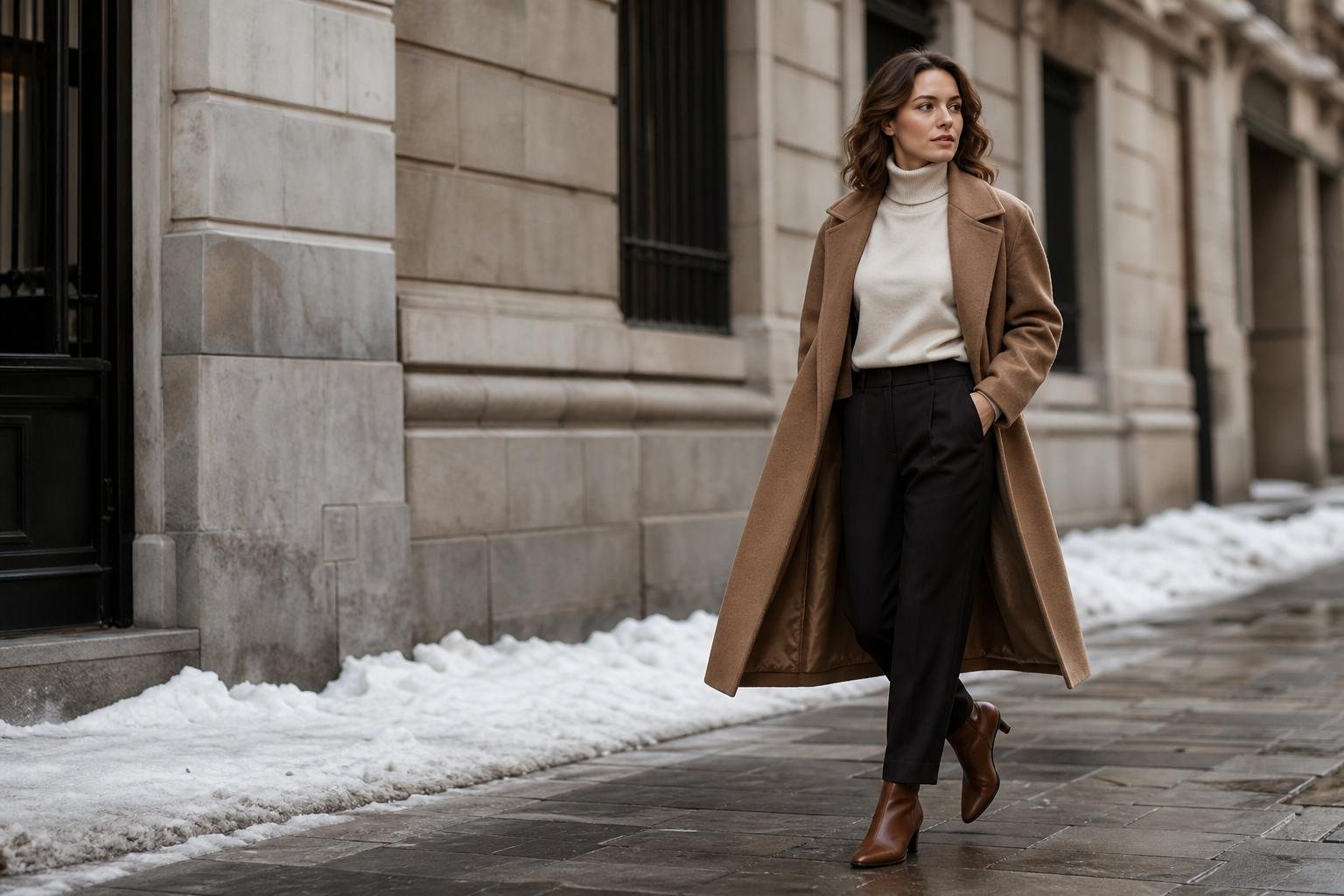 Woman in a camel wool coat, cream turtleneck, dark trousers, and leather ankle boots walking along a city street in winter