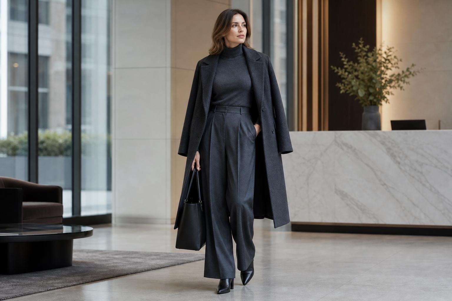 Woman wearing a charcoal turtleneck, wide-leg trousers, long wool coat, and ankle boots in a bright office lobby