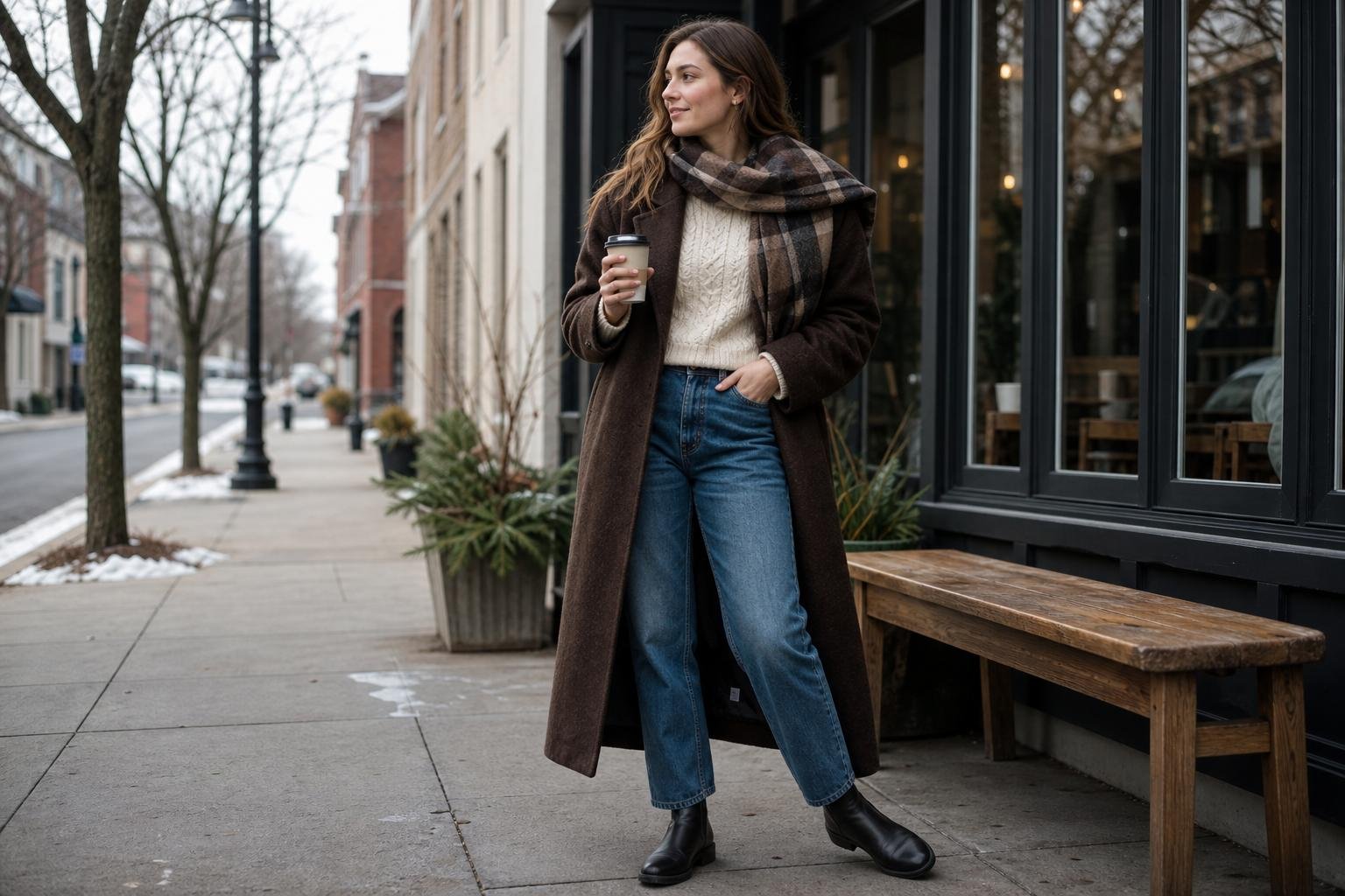 Woman in straight-leg jeans, a cream sweater, long brown coat, scarf, and Chelsea boots at an outdoor neighborhood cafe