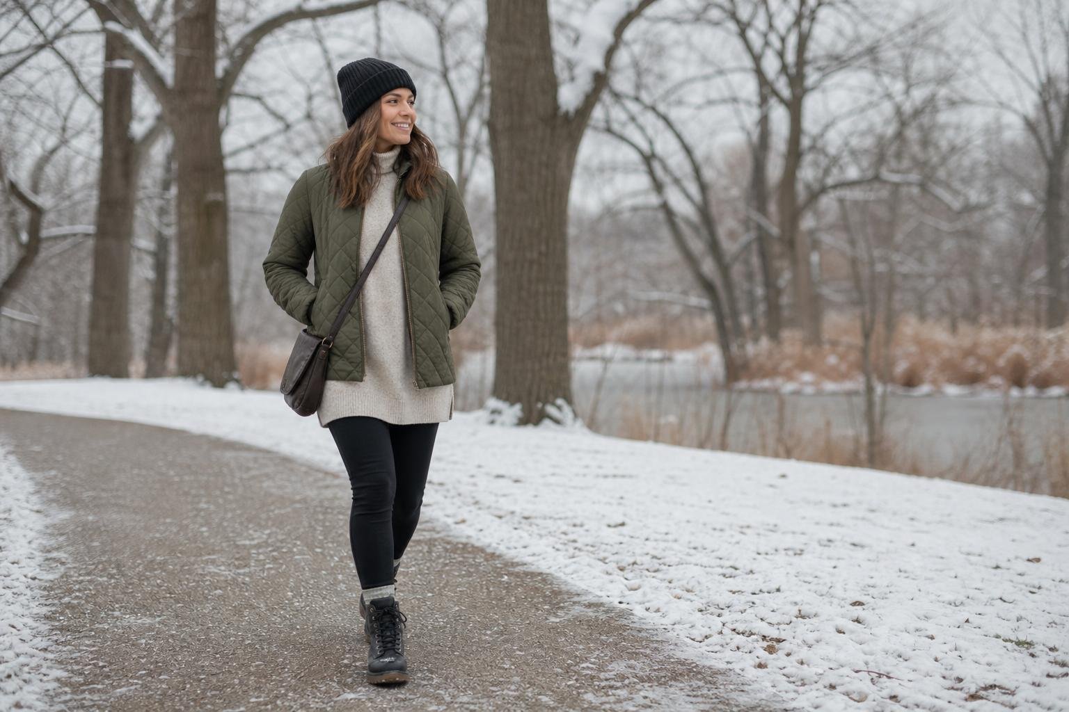 Woman in a quilted olive jacket, black leggings, knit beanie, and lace-up winter boots on a snowy park path