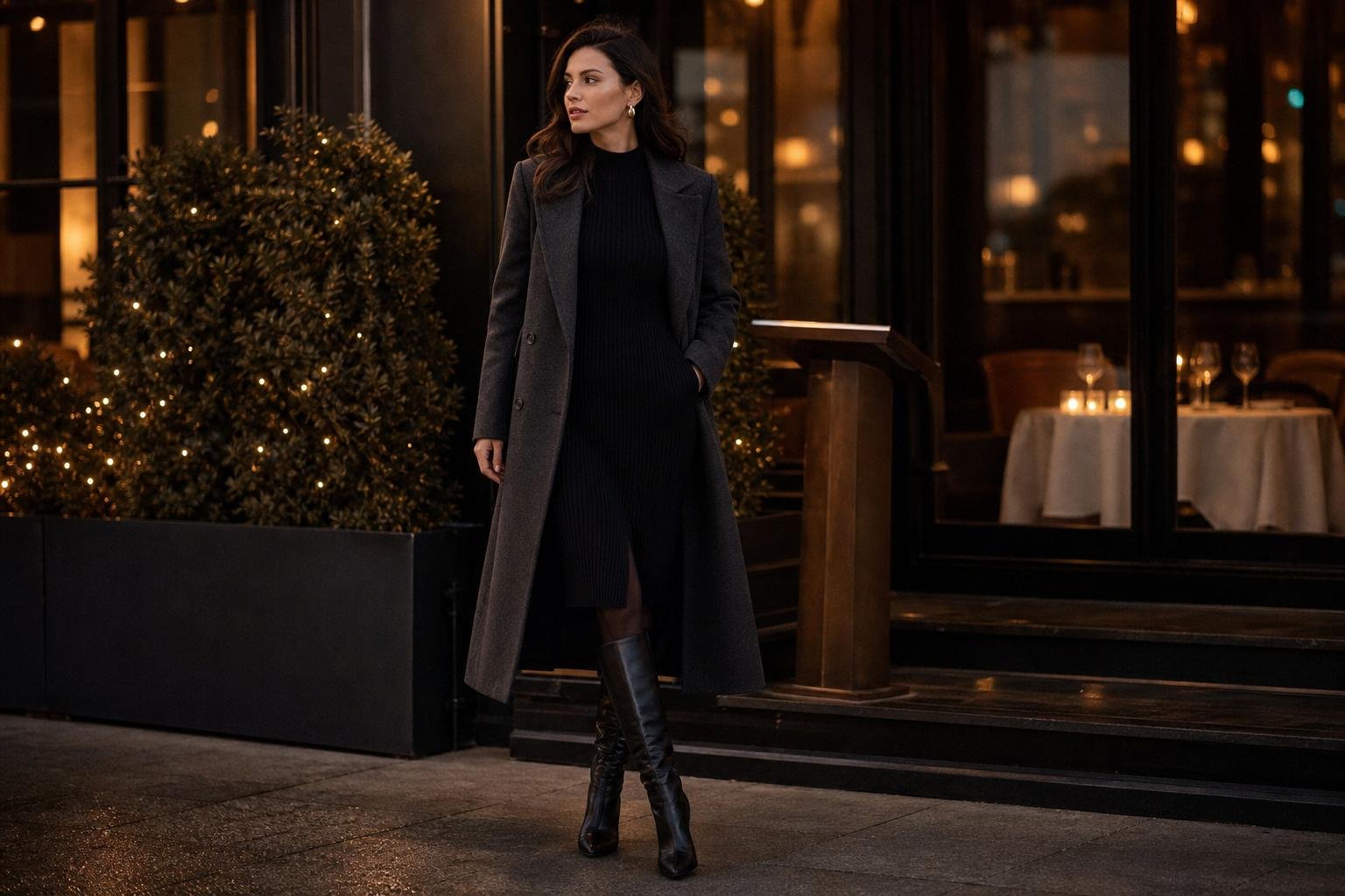 Woman in a black knit midi dress, long tailored coat, opaque tights, and knee-high boots outside a softly lit restaurant