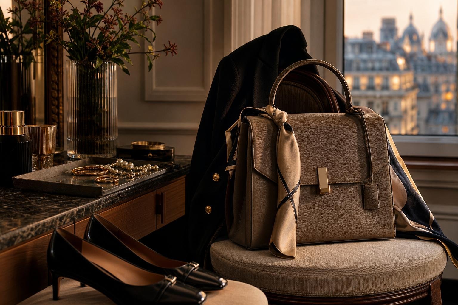 Evening-ready fashion accessories arranged beside a structured handbag and tailored clothing