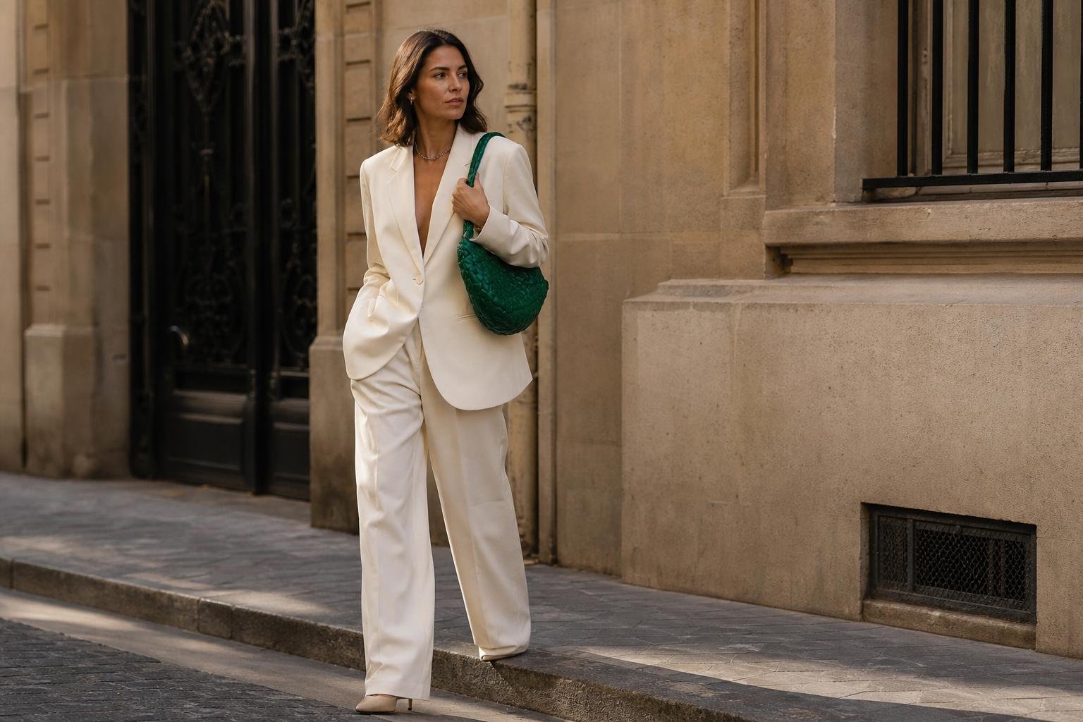 A colorful shoulder bag paired with minimalist tailoring in a city setting