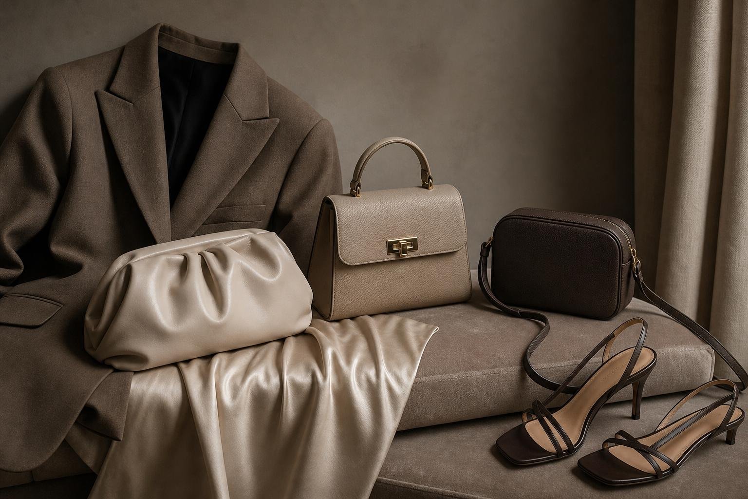 Three occasion-ready handbag silhouettes styled with evening clothing on a bench