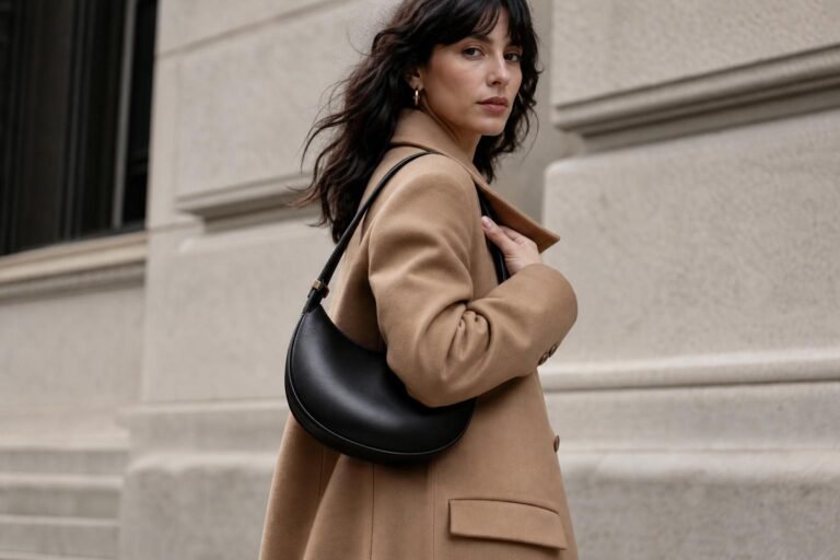 Curved black leather shoulder bag styled with a tailored neutral outfit on a city street