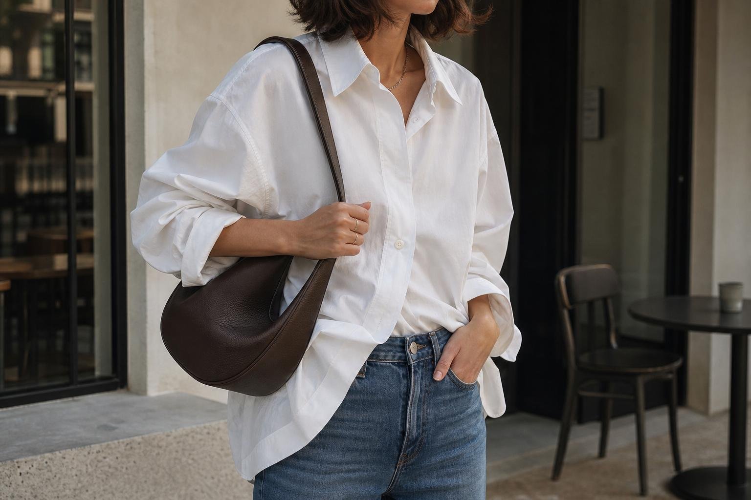 A handbag korean brand-inspired curved leather shoulder bag worn with relaxed denim and a white shirt