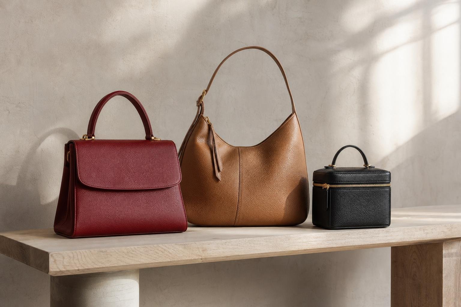Collection of structured top-handle and shoulder bags in deep red, tan, and black on a studio bench