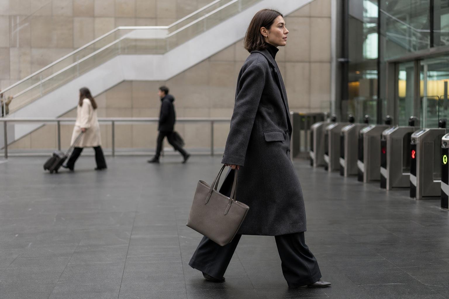 Adult in a charcoal coat carrying a medium gray leather tote during an urban commute