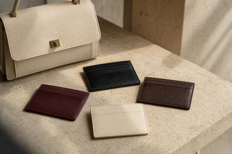 Minimal leather card cases arranged beside a structured handbag on a neutral stone surface