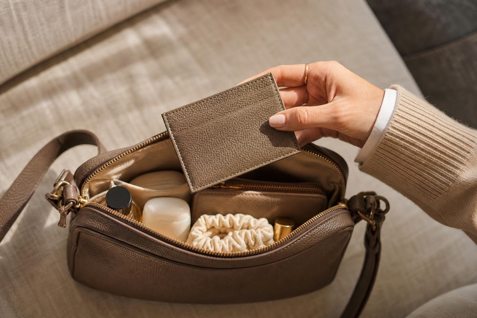 A designer card holder in textured leather held above an open compact handbag