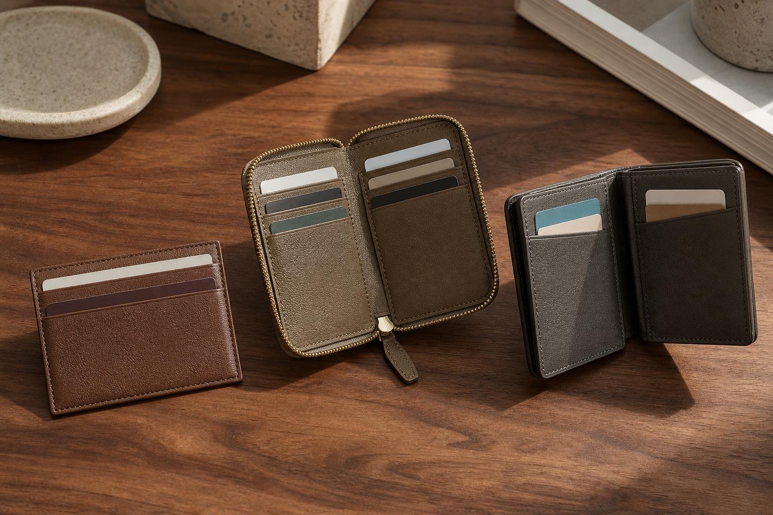 Three unbranded card case styles showing flat, zip, and bifold layouts on a wood table