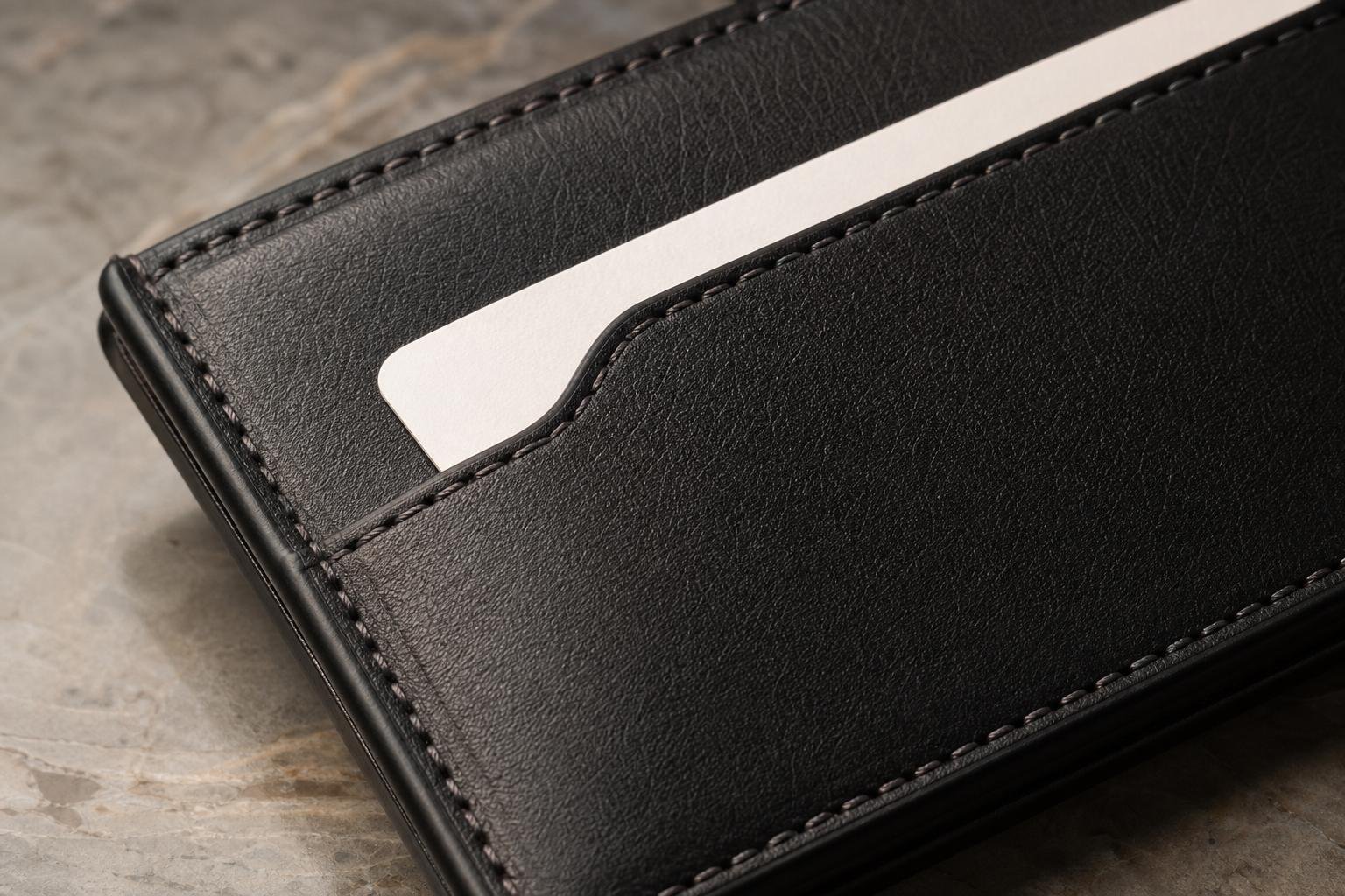 Close-up of leather card case stitching, painted edges, and a neatly filled card slot