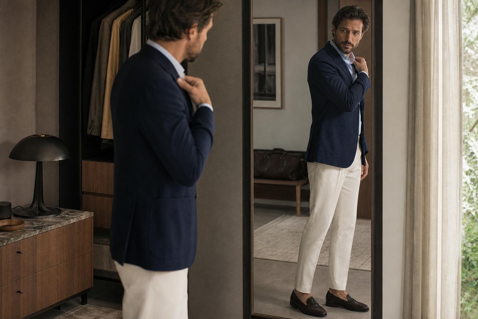 Man checking the shoulder fit of a navy blazer in a full-length mirror