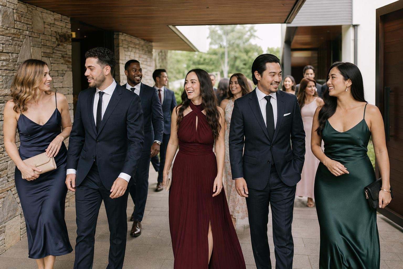 Elegantly dressed wedding guests arriving at a modern hotel celebration