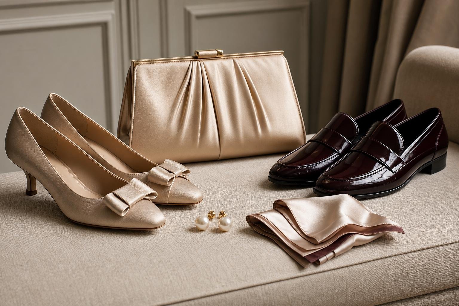 Close view of polished wedding guest shoes, a structured clutch, and understated jewelry