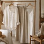 A neatly arranged warm-weather linen wardrobe with a cream shirt, relaxed trousers, and a woven linen dress in soft natural light