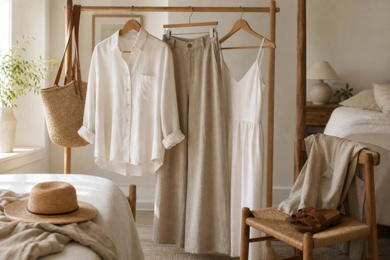 A neatly arranged warm-weather linen wardrobe with a cream shirt, relaxed trousers, and a woven linen dress in soft natural light
