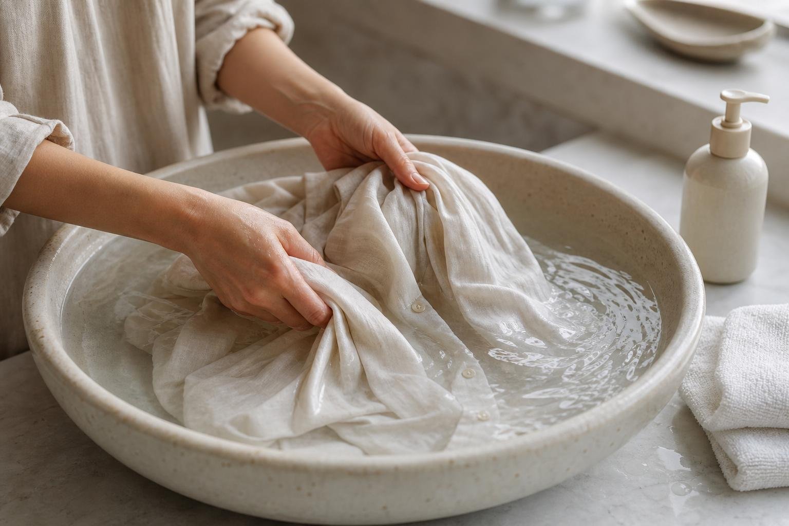 Hands gently pressing a pale linen shirt in a basin of clear water