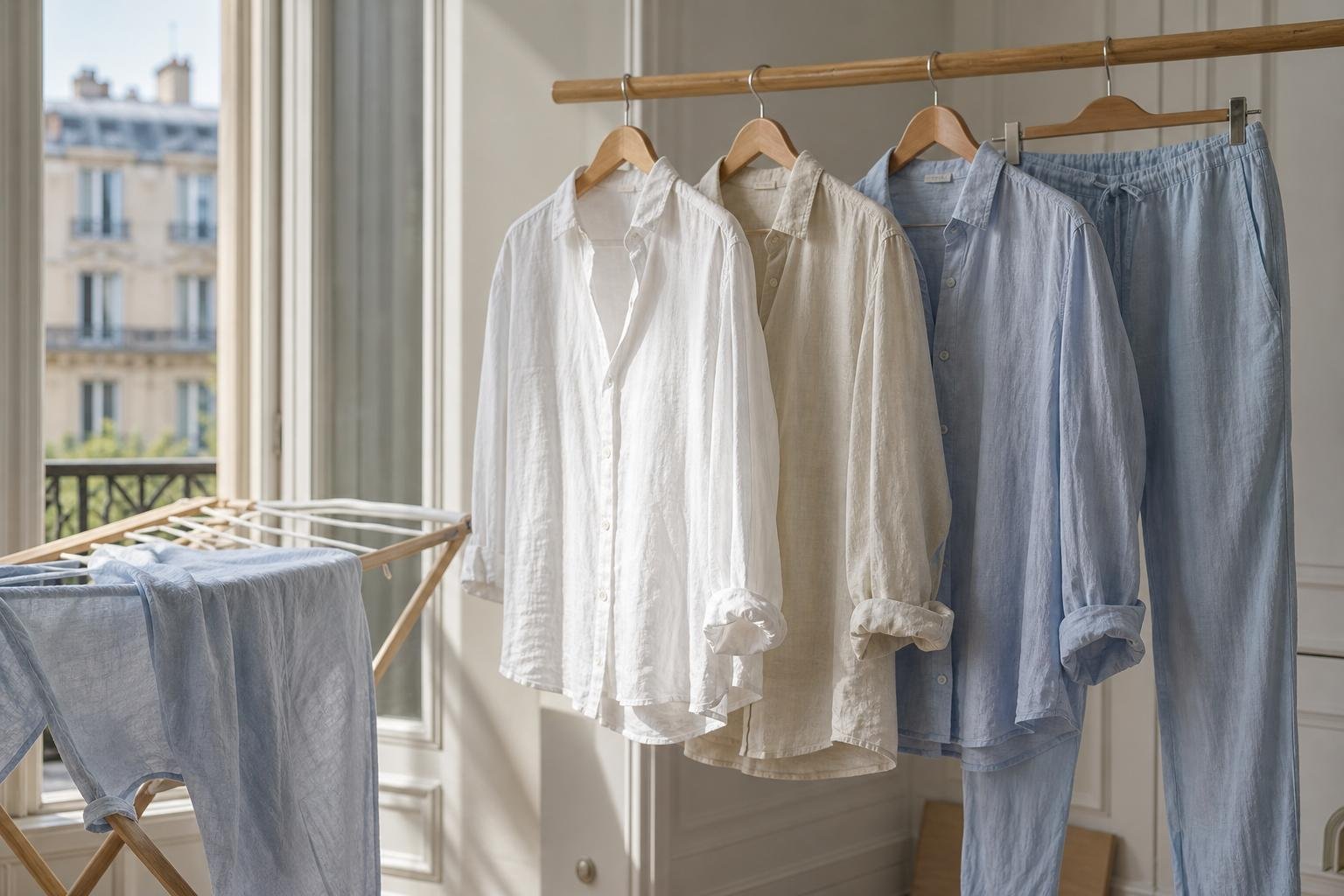 Linen shirts and trousers air-drying on wooden hangers near a sunlit window