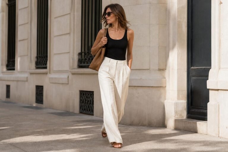 A person in cream wide-leg linen pants, a fitted black tank, and flat leather sandals walking on a sunlit city sidewalk