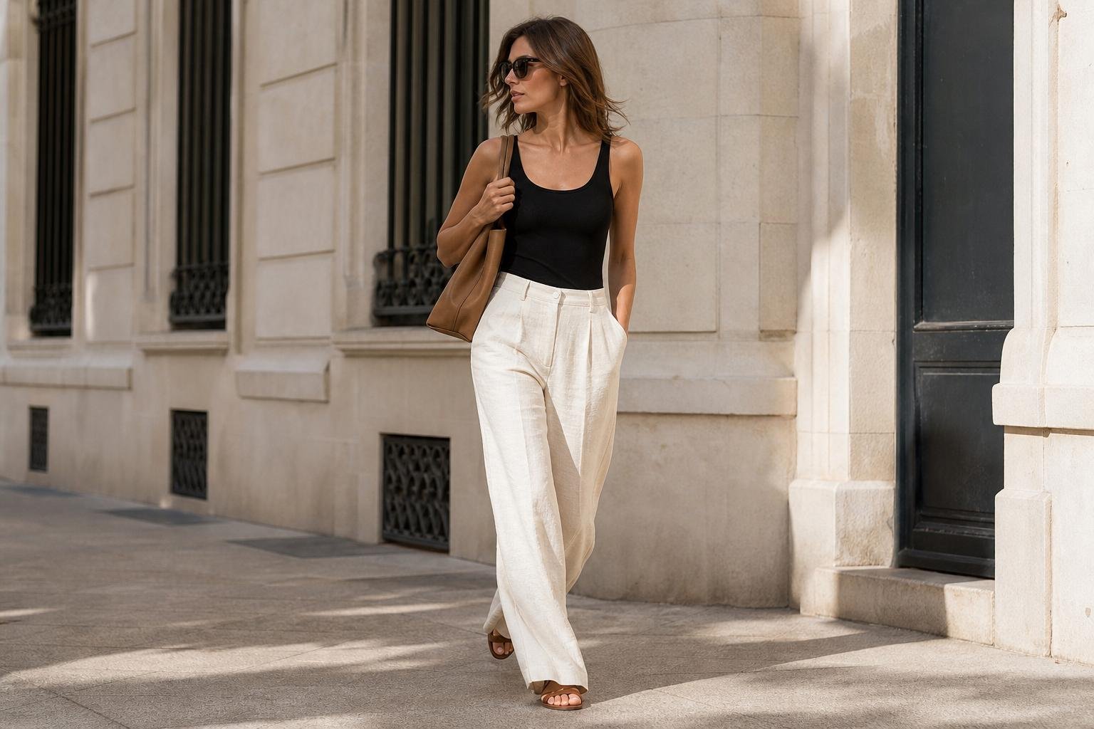 A person in cream wide-leg linen pants, a fitted black tank, and flat leather sandals walking on a sunlit city sidewalk