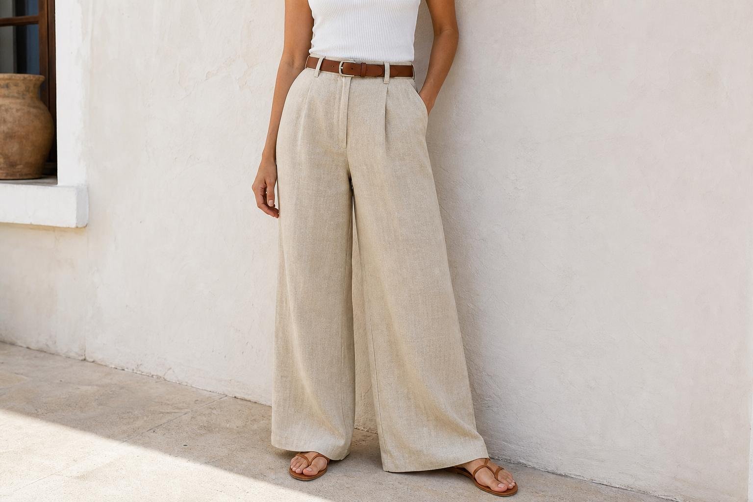 A person styling high-waisted beige linen pants with a fitted white ribbed tank and minimal sandals