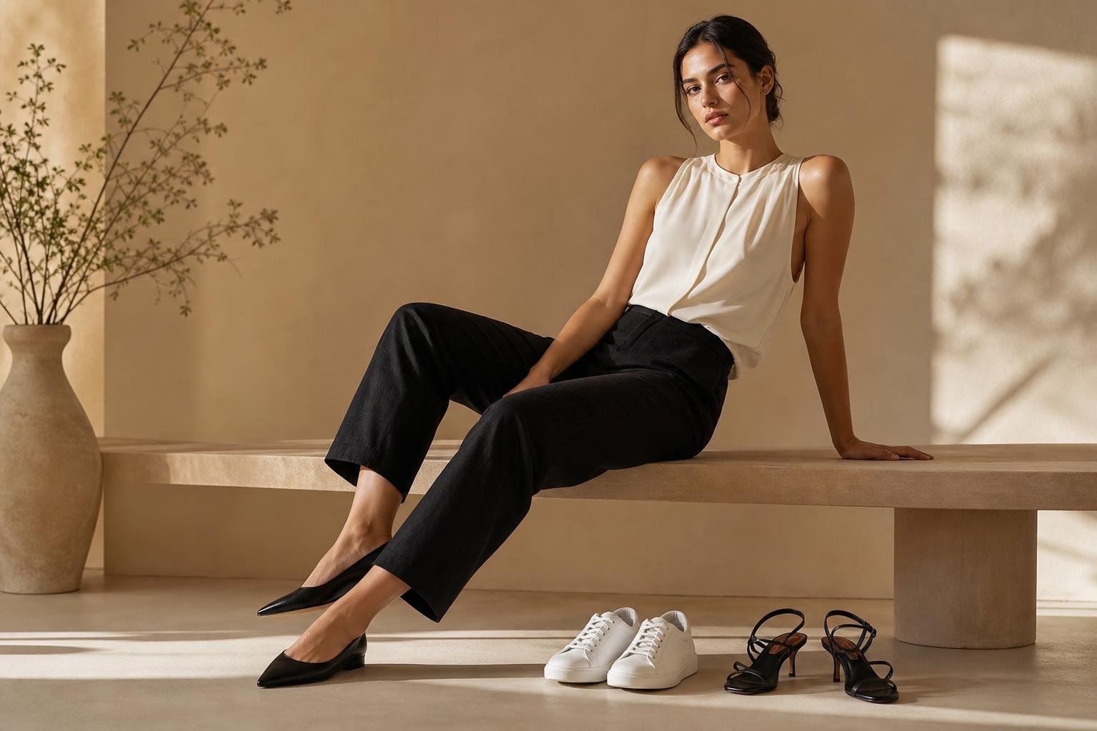 A person in black tailored linen trousers wearing pointed flats beside low-profile sneakers and heeled sandals