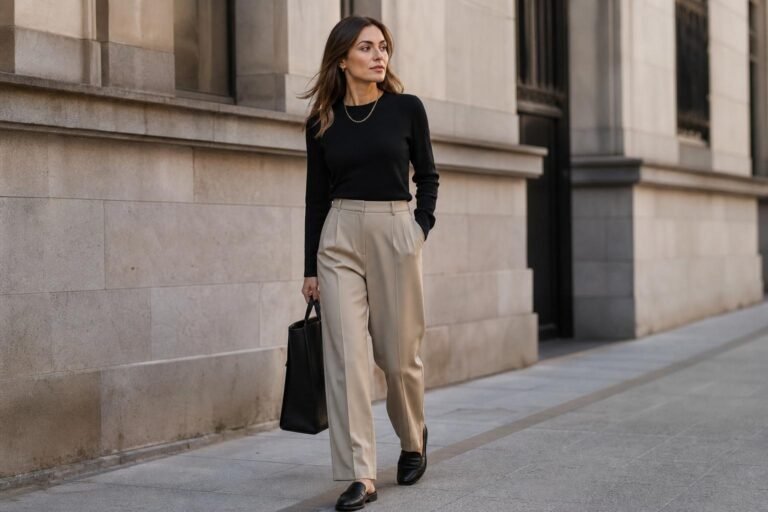 Woman in neutral tailored trousers and a knit top walking through a bright city street