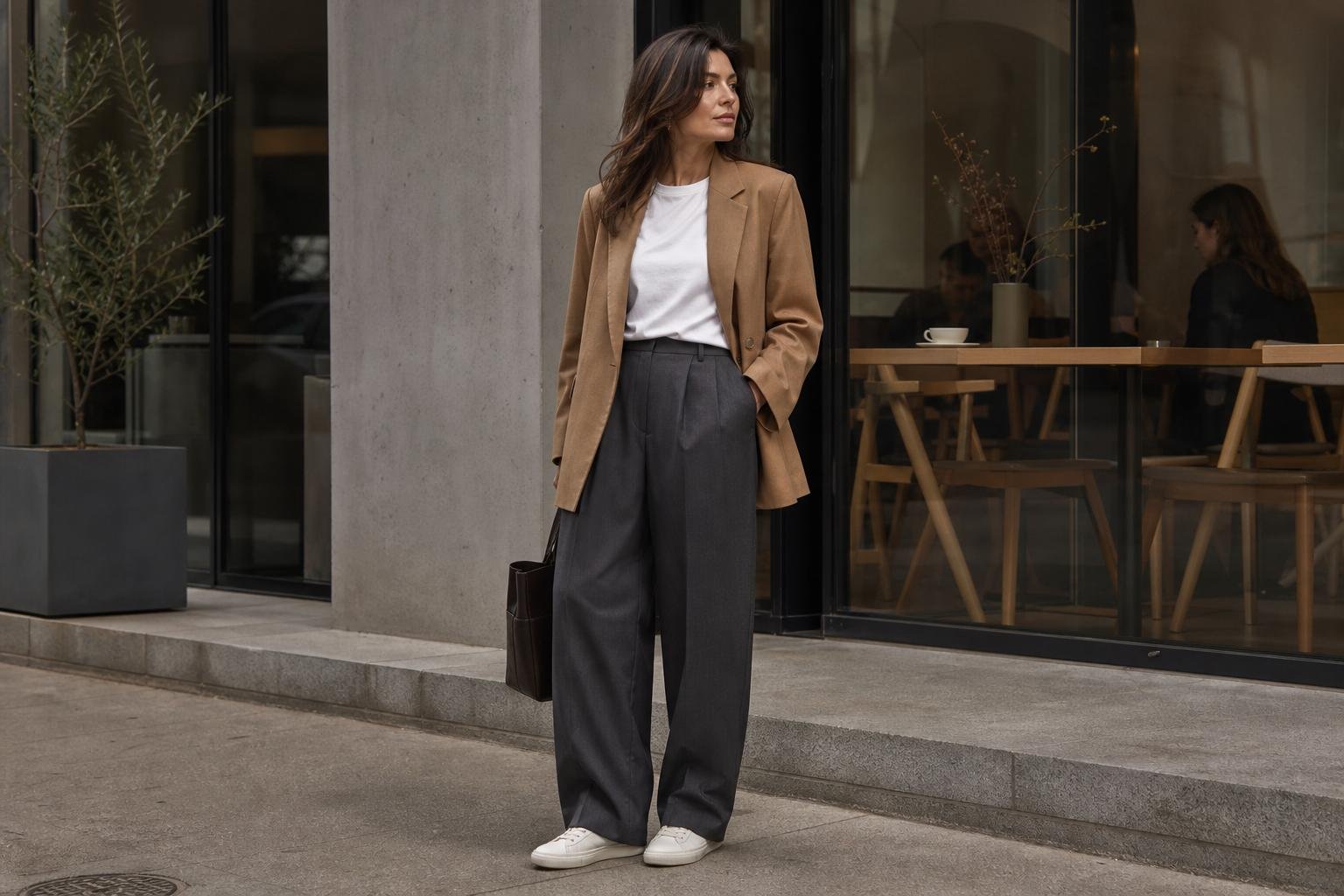 Woman styling charcoal tailored trousers with a white T-shirt and relaxed blazer