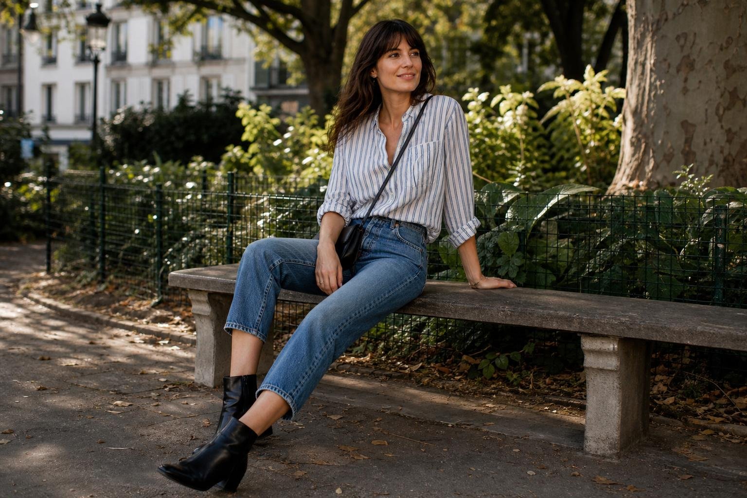 Cropped straight-leg jeans paired with a striped shirt and black ankle boots