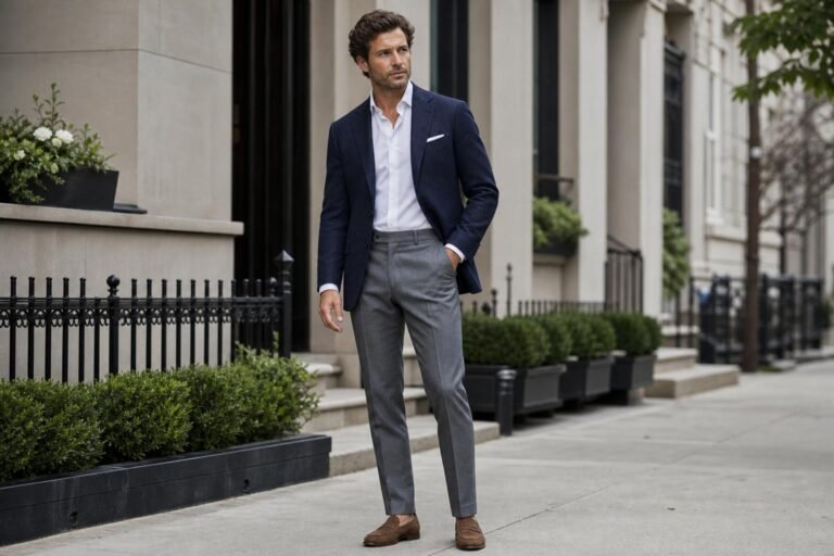 Man in a navy blazer, white shirt, gray trousers, and brown loafers standing on a city street