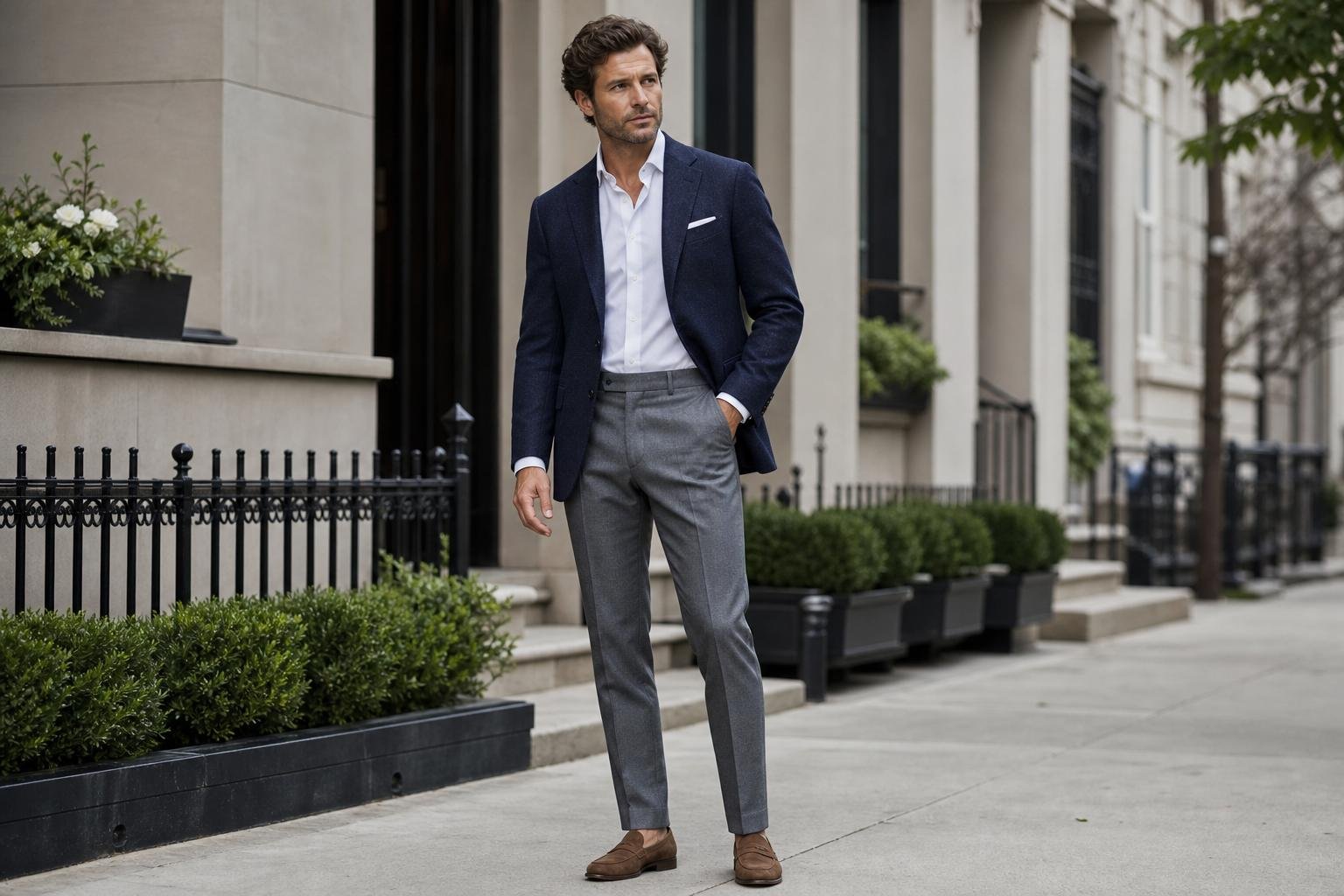 Man in a navy blazer, white shirt, gray trousers, and brown loafers standing on a city street