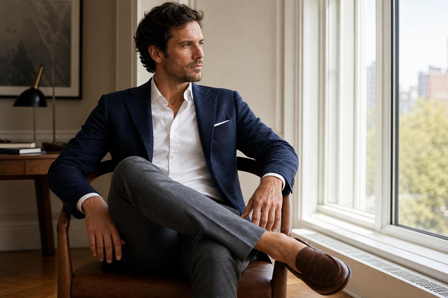 Smart blazer outfit ideas men can wear with a navy blazer, white Oxford shirt, gray trousers, and brown loafers