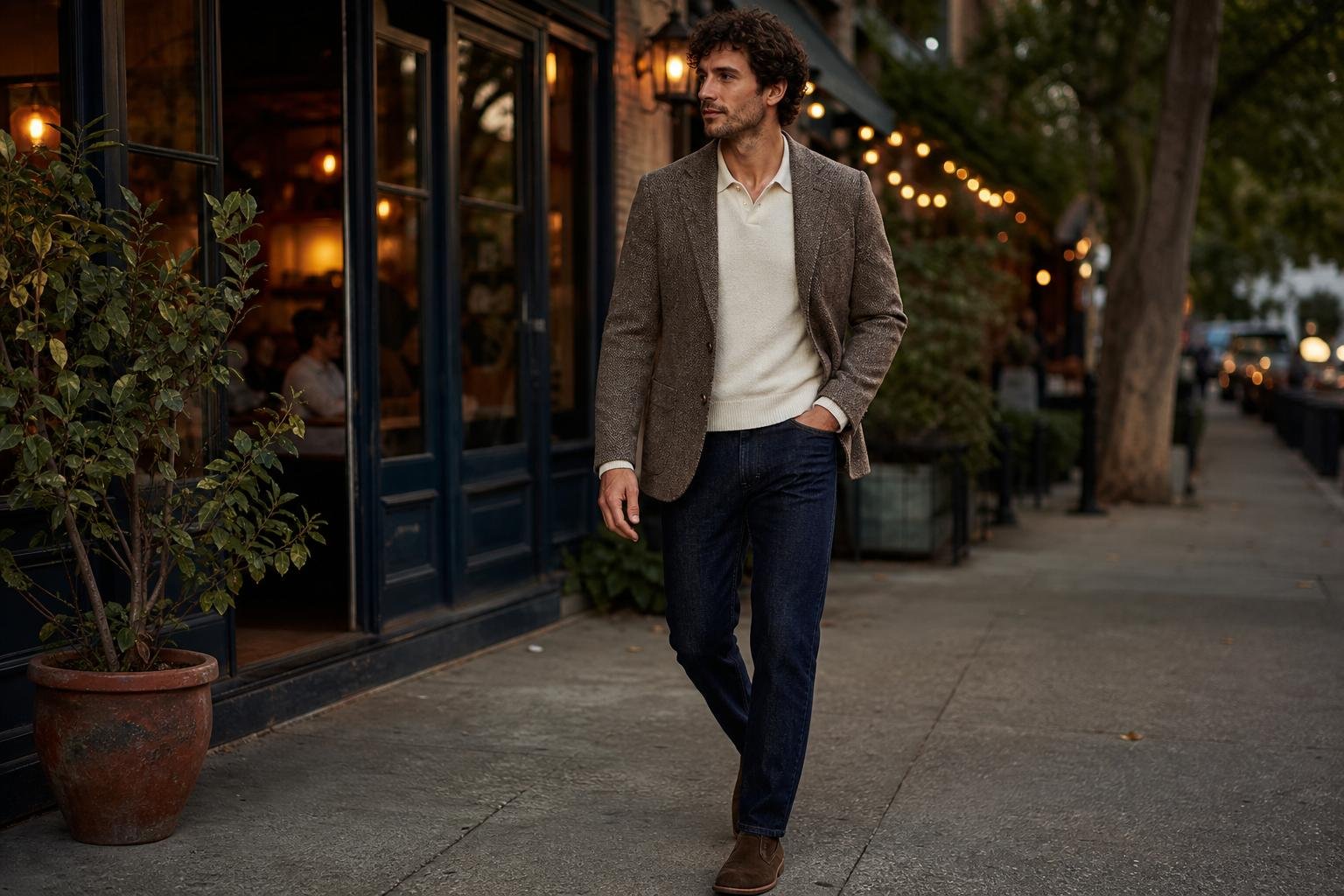 Textured brown blazer paired with dark indigo jeans, a cream knit polo, and suede chukka boots