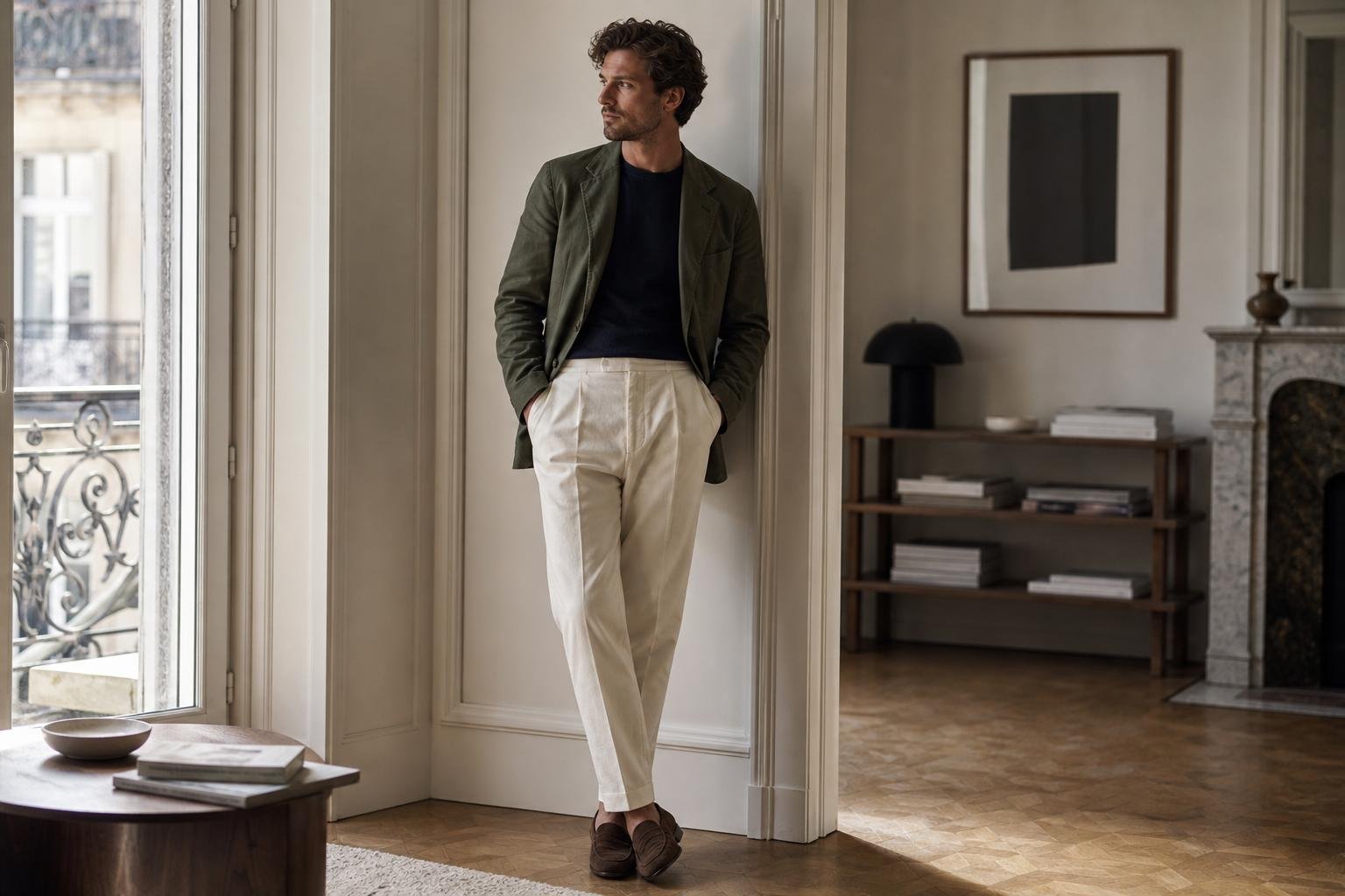 Olive blazer layered over a fine navy crewneck with cream trousers and brown suede loafers