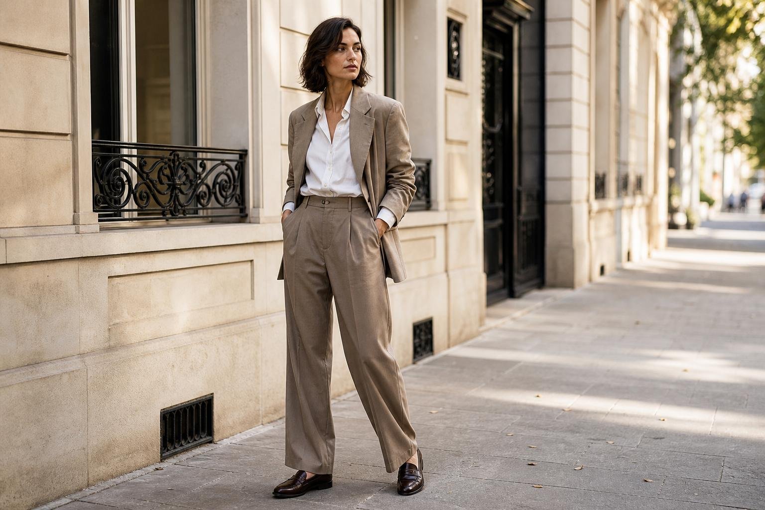 Woman in a tailored neutral blazer standing on a city sidewalk with relaxed trousers and leather loafers