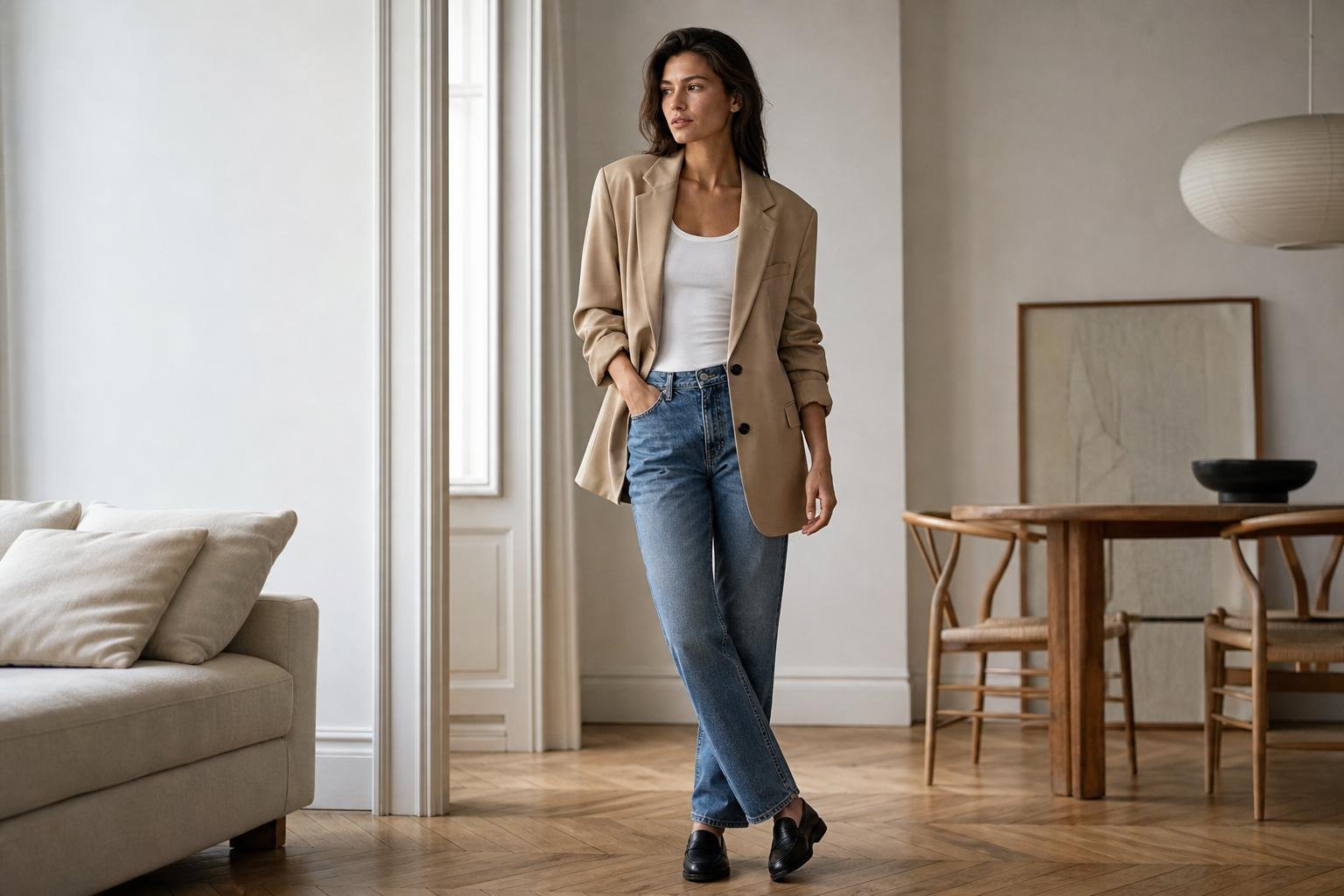 Blazer outfit ideas for women shown with an oversized beige blazer, white tank, straight jeans, and loafers