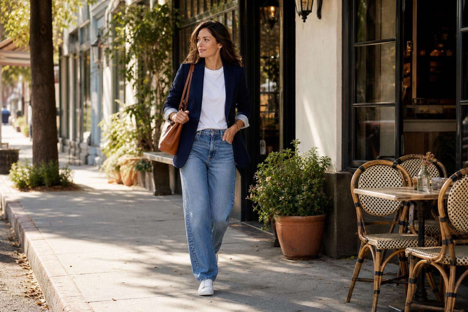 Woman styling a navy blazer with a white T-shirt, relaxed jeans, and clean low-profile sneakers