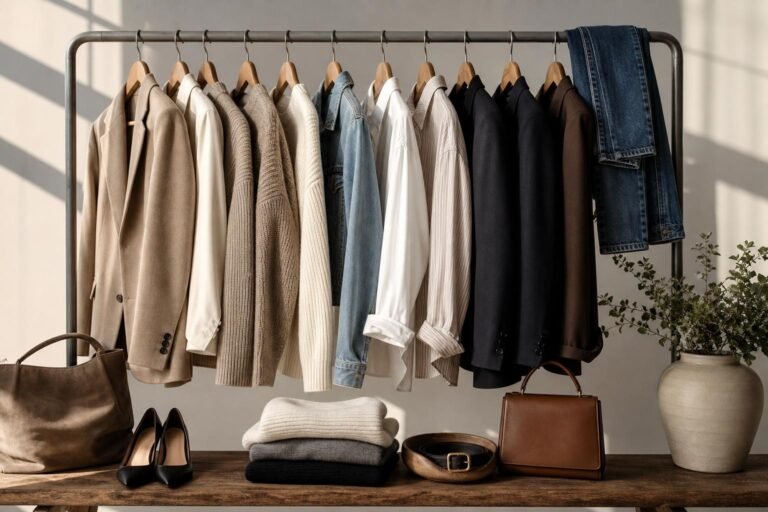 Curated wardrobe rail with tailored jackets, knitwear, denim, and neutral accessories in a bright studio