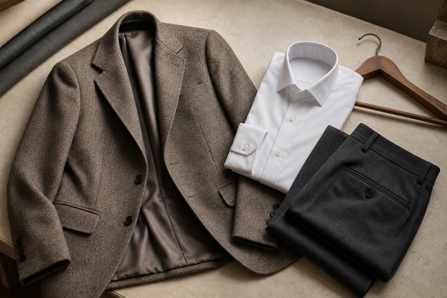 Close view of tailored trousers, a wool blazer, and a cotton shirt showing polished garment construction