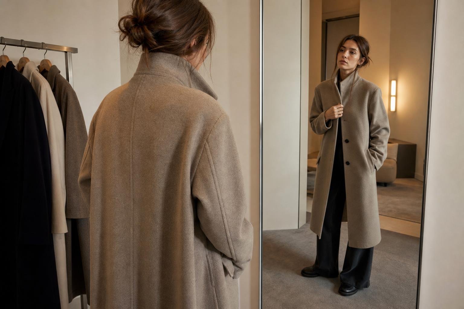Adult trying on a structured coat in front of a full-length mirror in a calm dressing room